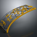 Arched Decorative Fence With Gray And Yellow Intricate Carvings And Scroll Designs
