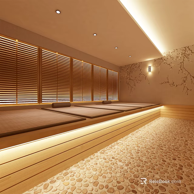 Elegant Modern Shower Sauna Interior With Wooden Panels Stone Floor And Warm Lighting 3d model 