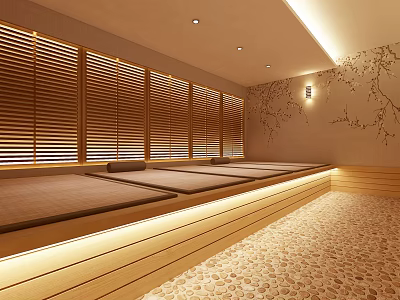 Elegant Modern Shower Sauna Interior With Wooden Panels Stone Floor And Warm Lighting 3d model