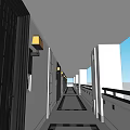 Hotel Corridor Featuring Black Doors Yellow Lamps White Walls Black White Checkered Floor Tiles