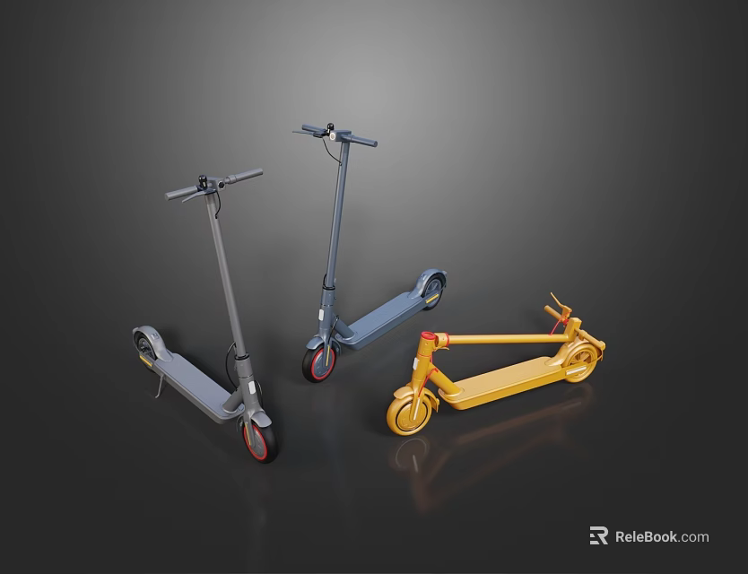 Three Stylish Electric Scooters In Gray Blue And Yellow Modern Designs 3d model 