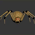 Golden Mechanical Spider Game Movie Character With Spherical Body Red Eyes Metallic Legs Reflective Surface