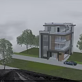 Modern Style Detached Villa With Large Glass Windows Wooden Accents Lawn Trees And Car