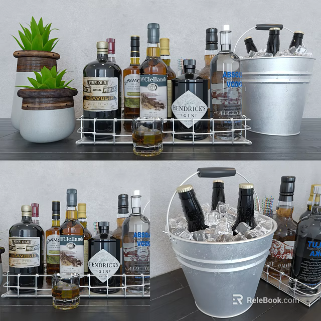 Assorted Alcohol Bottles and Wine Glasses Display with Ice Bucket and Metal Rack 3d model 