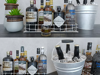 Assorted Alcohol Bottles and Wine Glasses Display with Ice Bucket and Metal Rack 3d model