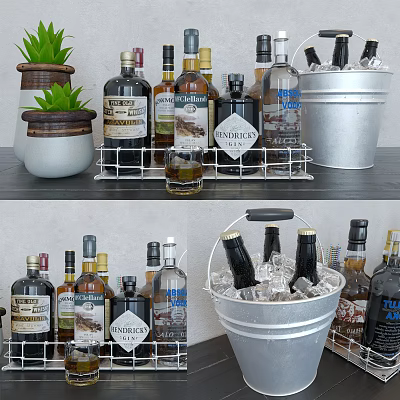 Assorted Alcohol Bottles and Wine Glasses Display with Ice Bucket and Metal Rack 3d model
