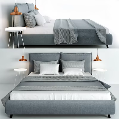 Modern Double Bed With Gray White Pillows Striped Blanket Copper Pendant Lights And Side Tables 3d model