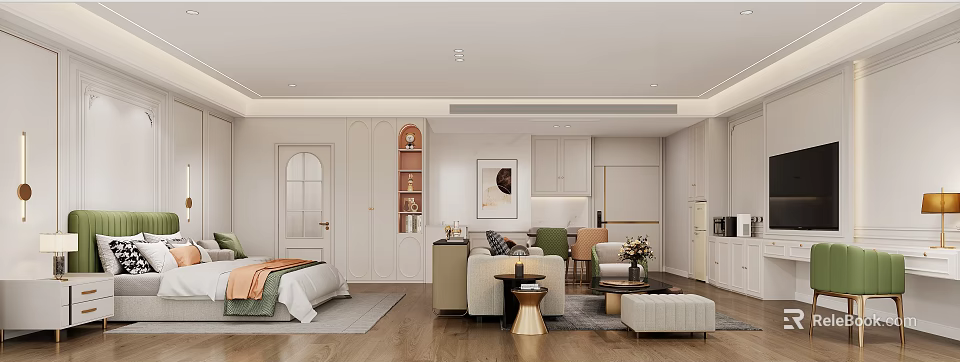 Modern Hotel Guest Room Interior With Bed Sofa Coffee Table And Dining Chairs 3d model 