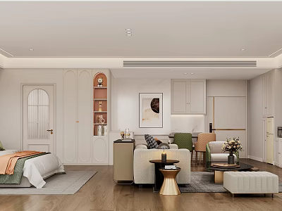Modern Hotel Guest Room Interior With Bed Sofa Coffee Table And Dining Chairs 3d model