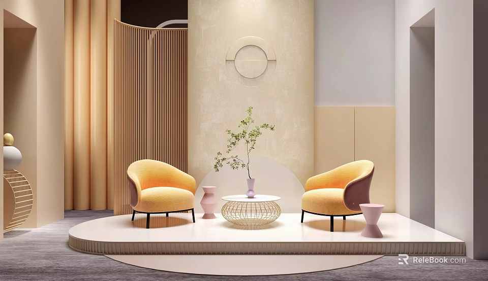 Modern Elegant Meeting Room With Two Yellow Chairs Round Coffee Table Green Plant Curved Wall 3d model 