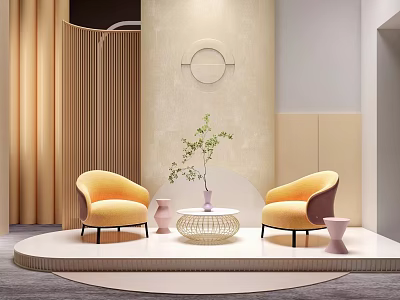Modern Elegant Meeting Room With Two Yellow Chairs Round Coffee Table Green Plant Curved Wall 3d model