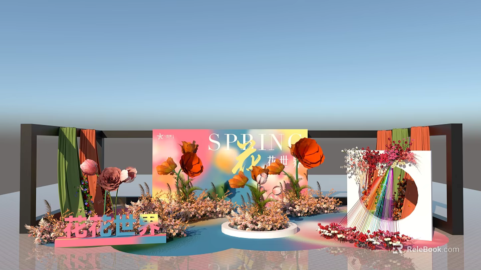 Vibrant Spring Flower World Display With Flamingo Models And Rainbow Decorations 3d model 