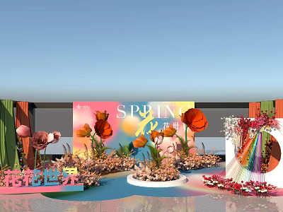 Vibrant Spring Flower World Display With Flamingo Models And Rainbow Decorations 3d model