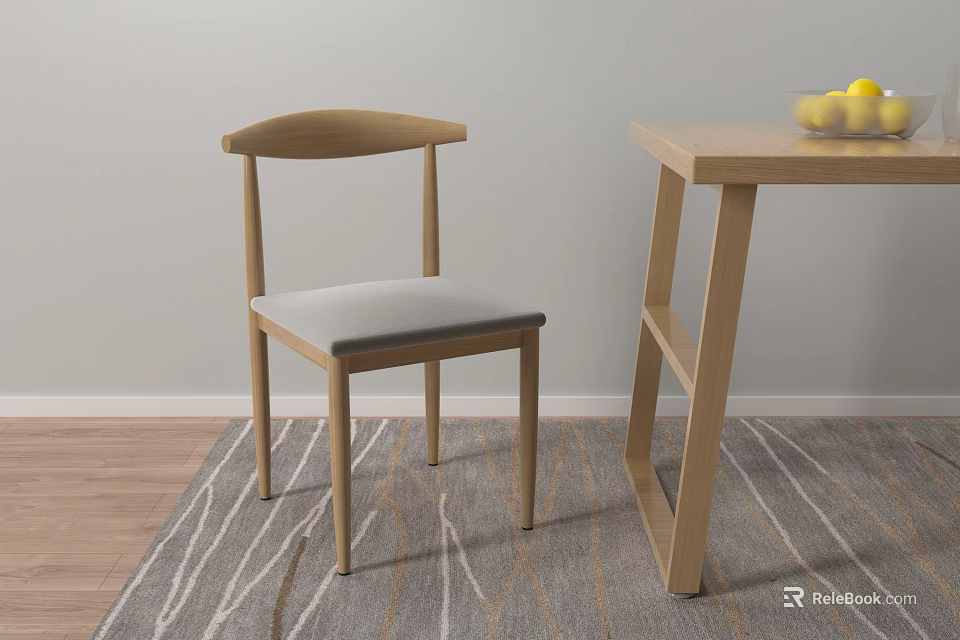 Wooden Table and Chair Set With Gray Cushion Lemon Bowl On Light Rug 3d model 