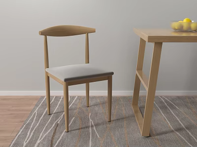 Wooden Table and Chair Set With Gray Cushion Lemon Bowl On Light Rug 3d model
