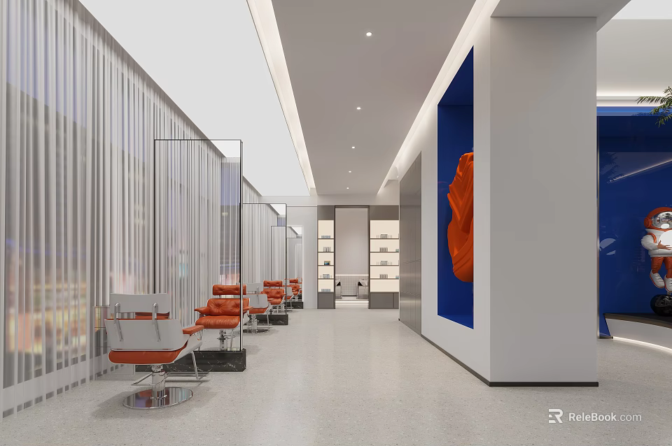 Modern Hotel Lobby Interior With Orange Chairs Large Artwork And Glass Partitions 3d model 