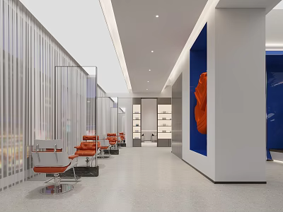 Modern Hotel Lobby Interior With Orange Chairs Large Artwork And Glass Partitions 3d model