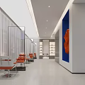 Modern Hotel Lobby Interior With Orange Chairs Large Artwork And Glass Partitions