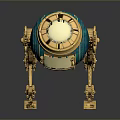 Blue Green Mechanical Sphere Character With Golden Structure Glowing Circular Part And Stand