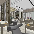Modern Sales Office Interior With Comfortable Sofas Chairs Coffee Tables And Elegant Chandelier