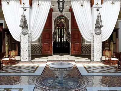 Elegant Garden Courtyard Design With Central Fountain Mosaic Floor White Curtains Decorative Columns And Chandelier 3d model