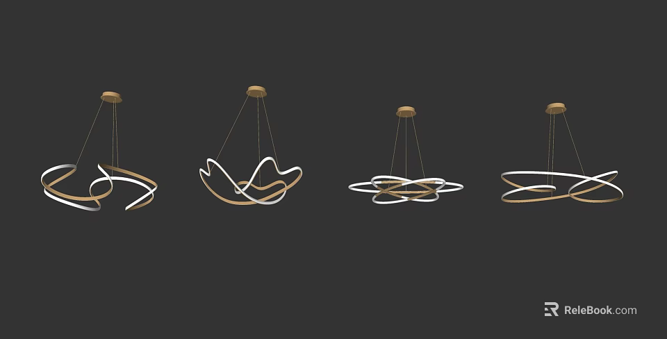 Modern Suspended Chandeliers With Curved Gold Frames And Multiple Geometric Designs 3d model
