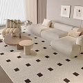 Modern Living Room Sofa and Coffee Table Set with Light Patterned Rug and Decorative Paintings