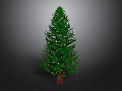 Green Christmas Tree Decorated With Red Gold Ornaments White Lights And Red Gift Box 3d model