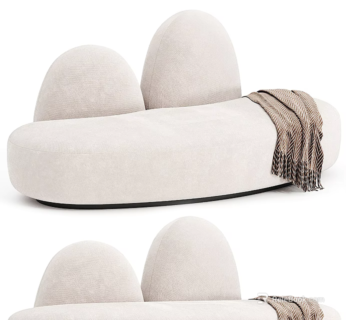 Modern Light Beige Sectional Sofa With Curved Design And Soft Plush Throw Blanket 3d model