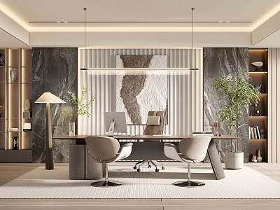 Modern Office Interior Design With Desk Chair Plants And Decorative Painting 3d model