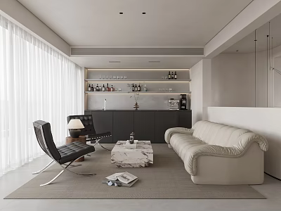 Modern Co working Space Interior Design With Sofa Chair Coffee Table And Bar Area Shelves 3d model