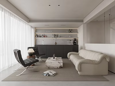 Modern Co working Space Interior Design With Sofa Chair Coffee Table And Bar Area Shelves 3d model