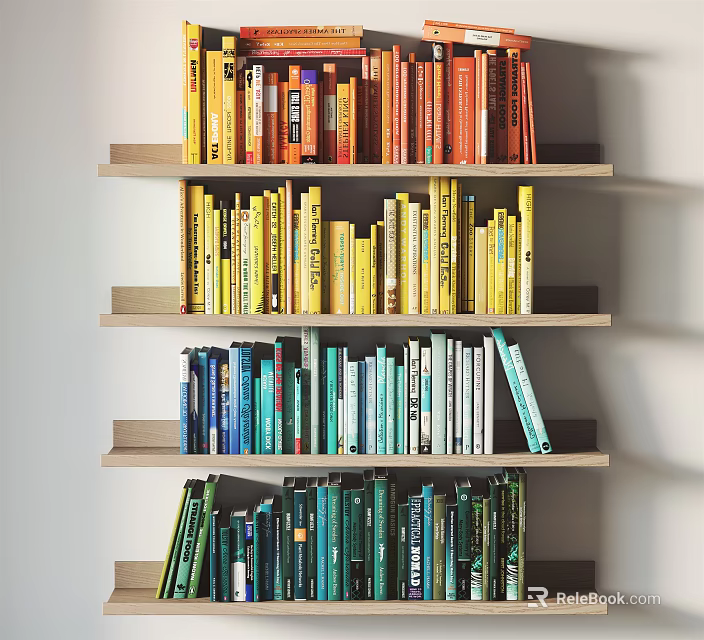 Colorful Books Arranged On Wooden Bookshelf With Multiple Layers And Various Colors 3d model 