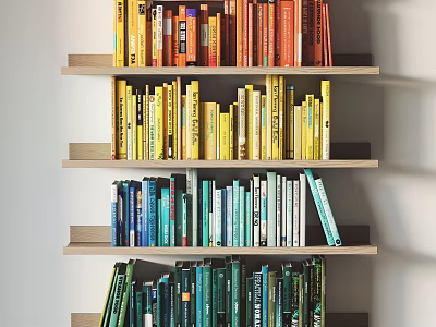 Colorful Books Arranged On Wooden Bookshelf With Multiple Layers And Various Colors 3d model