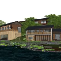 Scenic Guesthouse Building With Lake Reflection Wooden Structure And Surrounding Green Trees