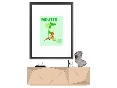 Black Framed Mojito Poster On Geometric Cabinet With Koala Figurine Home Decor 3d model