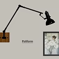 Modern Industrial Wall Lamp Featuring Wooden Base Adjustable Metal Arm And Artwork