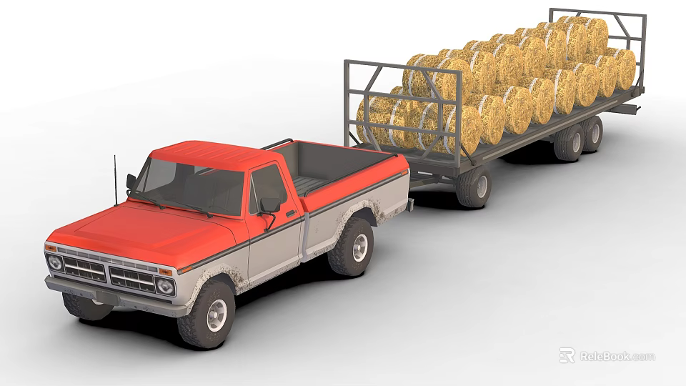 Red Pickup Truck Pulling Trailer Loaded With Large Hay Bales 3d model