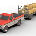Red Pickup Truck Pulling Trailer Loaded With Large Hay Bales 3d model