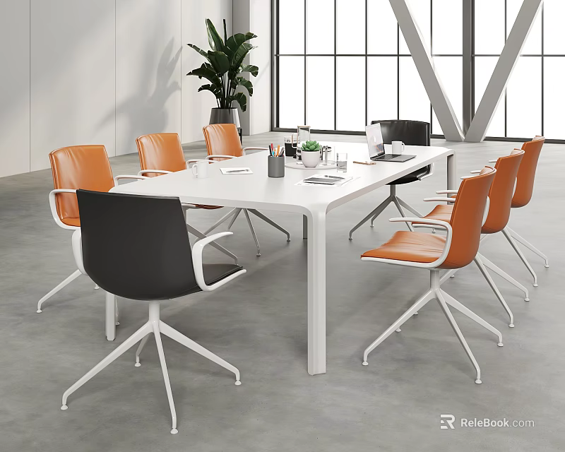 Modern Conference Room Interior With White Meeting Table Orange Black Chairs And Large Windows 3d model 