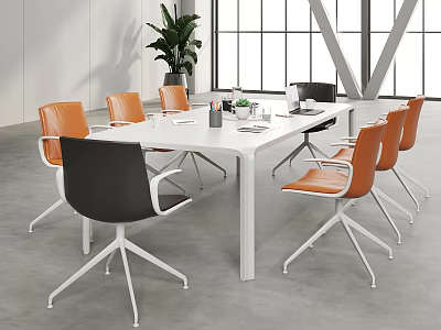 Modern Conference Room Interior With White Meeting Table Orange Black Chairs And Large Windows 3d model