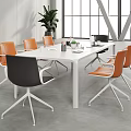 Modern Conference Room Interior With White Meeting Table Orange Black Chairs And Large Windows