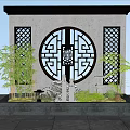 Traditional Chinese Scenic Wall With Circular Lattice Window Ornate Pattern Bamboo Greenery And Lanterns