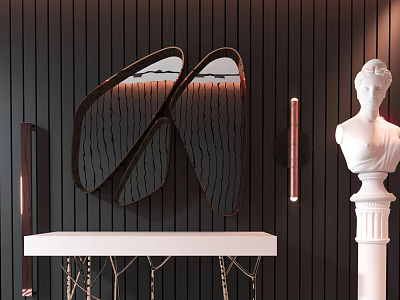Elegant Modern Console Table Decor With Artistic Mirror White Sculpture And Dark Striped Wall 3d model