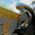 Garden Landscape With Yellow Fence Spiral Slide Green Plants And Wooden Door