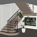 Elegant Wooden Stairs With Metal Railing And Plant In Indoor Space With White Walls