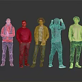 Five Men Standing Together in Casual Wear with Various Colored Tops on Gray Background