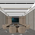 Modern Conference Room With Long Table White Chairs Gray Walls Ceiling Lighting And Large Screen