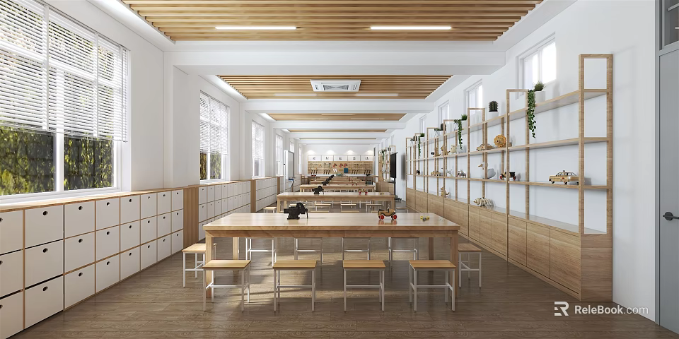 School Corridor With Long Wooden Tables Chairs Lockers Green Plants Wooden Ceiling and Windows 3d model 