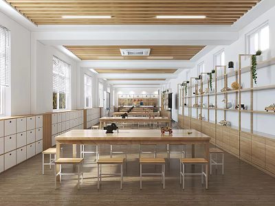 School Corridor With Long Wooden Tables Chairs Lockers Green Plants Wooden Ceiling and Windows 3d model